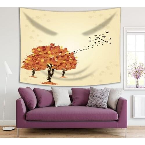Tapestry Autumn Trees and Birds Flying to South Rural Nature Wildlife Seasonal Scenery Printed Orange Yellow Beige