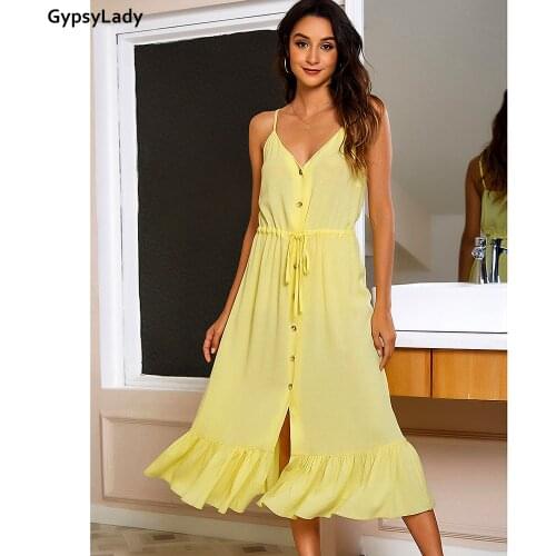 GypsyLady Yellow Strappy Summer Dress Holiday Beach Women Dress Button Front Backless Split Ladies Female Party Dresses 2021