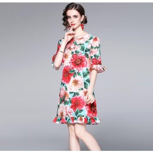 JSXDHK Designer Summer Flower Ruffles Dress Fashion Women Flare Half Sleeve Floral Print Red O Neck Bodycon Boho Mermaid Dress