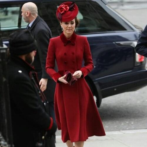 Kate Middleton Plus Size High Quality Elegant Formal Office Lady Workplace Red Cashmere Woolen Overcoat