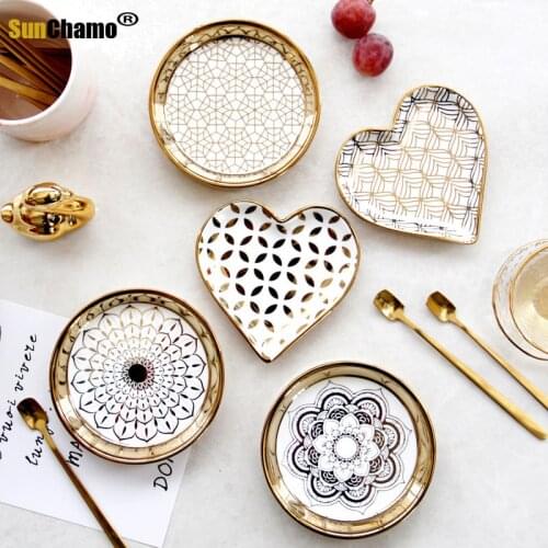 Nordic Small Ceramic Plate Snack Dishes Round Heart Shape Fruit Dessert Plates Golden Luxury Sauce Dish Home Kitchen Tableware