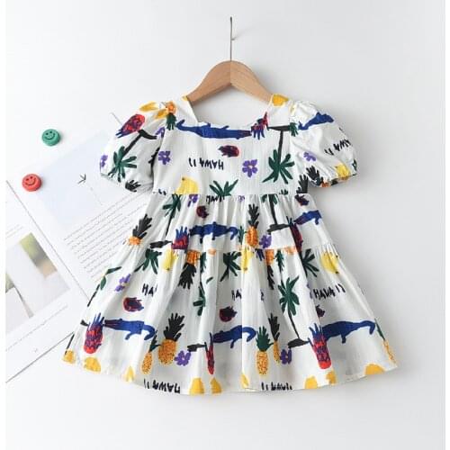 Menoea Girls Dress 2020 Summer New Fashion Style Girls Short-Sleeve Cartoon Printed Dress Kids Back Bow Casual Dresses