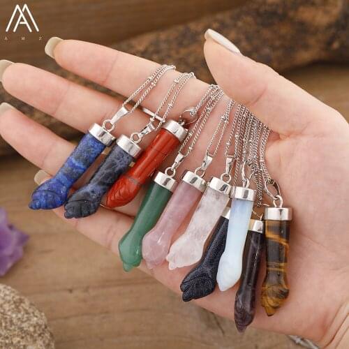 Natural Roses Quartz Crystal Carved Hand Arm Pendant Healing Necklace For Women Stone Beads Silvery Chains Necklace Dropship
