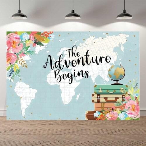 NeoBack The Adventure Begins Oh Baby Shower Photo Backdrops World Map Flower Photography Background Photocall Phonephone Banner