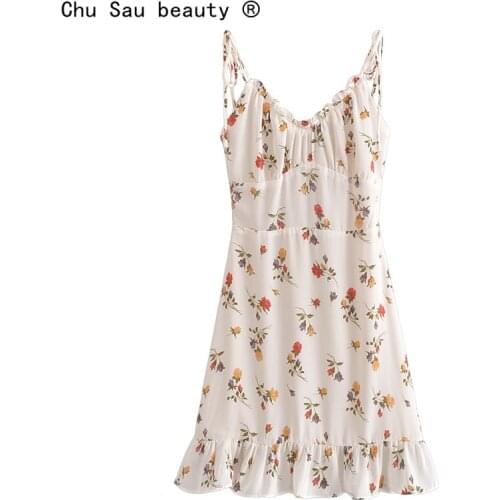 New Fashion Summer Sweet Chic Floral Printed Sling Mini Dress Women Sexy Style Backless Ruffles Dresses Female Partywear