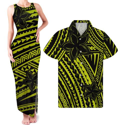 HYCOOL New Arrivals Polynesian Tribal Stripe Print Summer Casual Yellow Couple Clothing Sexy Sleeveless Bodycon Maxi Party Dress