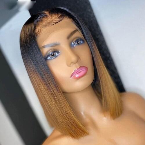 Ombre Brown 13*4 Lace Front Human Hair Wigs Colored Short Bob Cut Brazilian Remy Human HairWig With Baby Hair