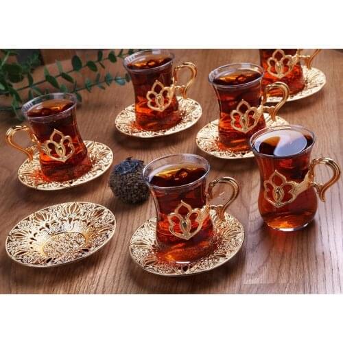 Handmade authentic gold silver anatolian arabic turkish tea cup and supports set türkiye'de made for six people