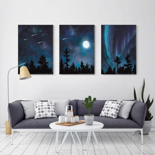 Aurora Borealis Canvas Posters Shooting Stars Night Sky Moon Trees Painting Pictures Wall Art Print Nordic Bedoom Home Decor