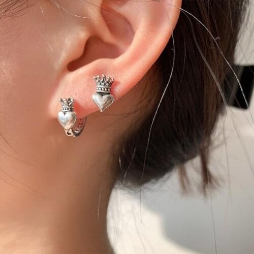 Crown Heart Hoop Earrings For Women Korean Retro Sweet Style Hip Hop Punk Charms New Trendy Hot Girl Daily Lady Jewelry BOYULIGE