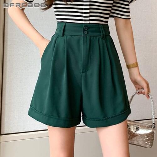 Green Loose Crimping Summer Wide Leg Shorts For Womens 2021 Elastic Waist Korean Style Casual Buttons Short Trousers Femme