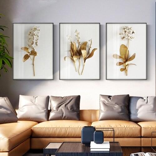 Nordic Golden Plant Leaves and Flowers Wall Art Canvas Painting Wall Pictures for Living Room Decoration Pictures Morden Decor