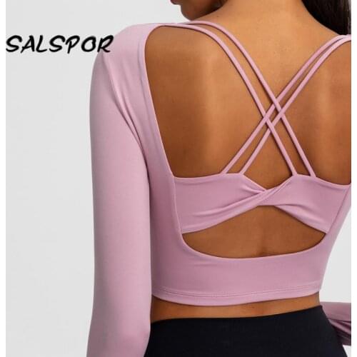SALSPOR Sport T Shirt Women Fitness Gym Crop Tops Beauty Back Sexy Womens Tracksuits Long Sleeve Sport Wear Workout Training