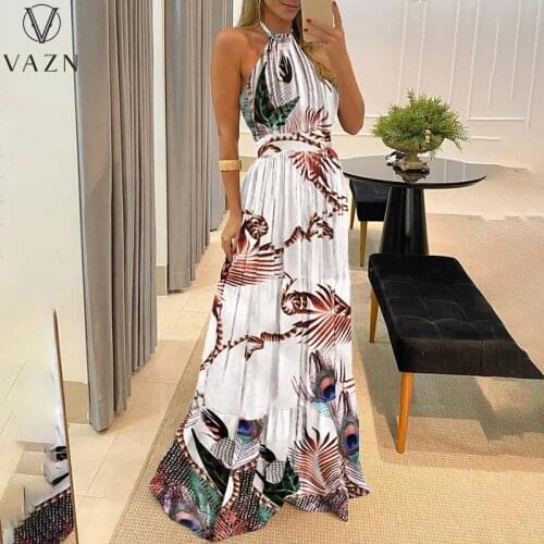 VAZN 2021 Top Quality Halter Off Shoulder Backless Retro Long Dress Young Sexy Chiffon High Waist Women A-Line Maxi Dress