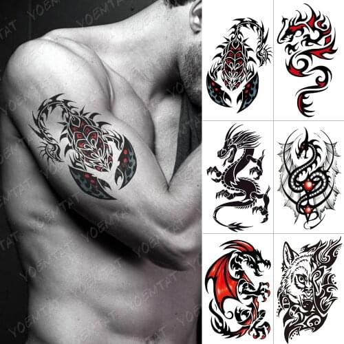 Waterproof Temporary Tattoo Sticker Scorpion Red Wing Dragon Flash Tattoos Wolf Body Art Arm Owl Maori Totem Fake Tatoo Men