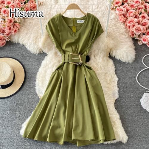 2021 summer new womens chic v-neck chiffon A-line dresses female retro Elegant Satin party dress with belt