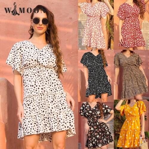 Summer Women Floral Chiffon Tie French Casual A-LINE Shirring Above Knee Flare Sleeve V-Neck Elegance Dresses for Women