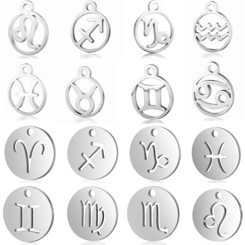 10pcs/lot Stainless Steel Laser Cutting 12 Zodiac Sign Charms Steel Horoscope Icon DIY Metal Pendant Charms for Jewelry Making