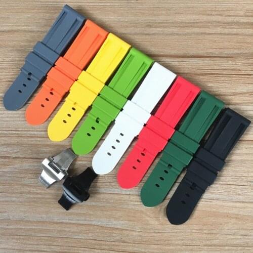 24mm Black Red Gray Orange white Green Yellow Soft Silicone Rubber Watchband Replace For PAM PAM441 PAM111 With Butterfly Buckle