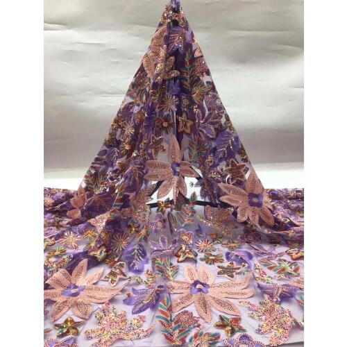 5yards/pc) high quality lilac purple French net lace fashion African sequins tulle lace fabric with gorgeous embroidery FSS009