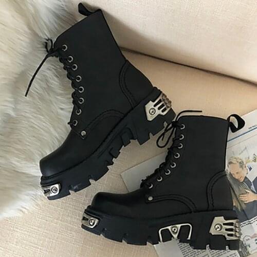 MR CO Punk Style Platform Women Ankle Boots Womens Motorcycle Boot Fashion Ladies Chunky Shoes Metal Decor Black BIG size