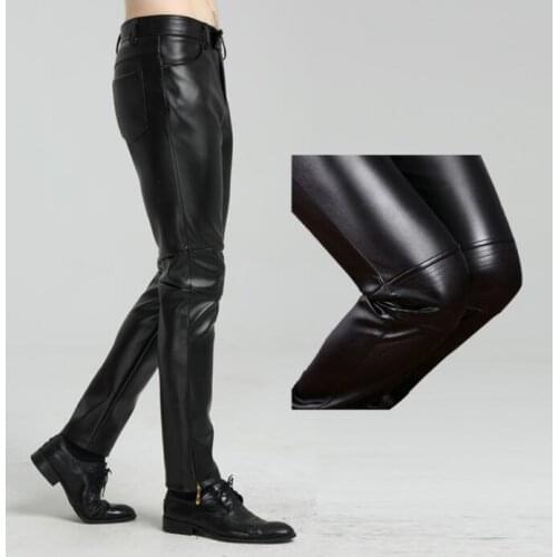 Spring autumn faux leather pants mens feet pants fashion motorcycle pu trousers for men personality pantalon homme black korean
