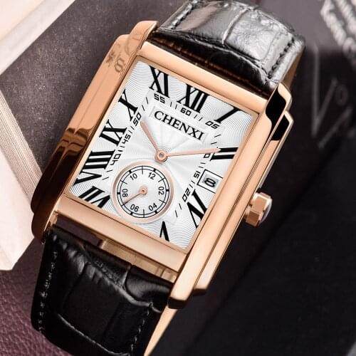 Luxury Brand Square Men WristWatches Unique Design Rose Gold Calendar Stop Watch Genuine Leather Quartz Business Watch for Man