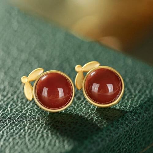The designers original and innovative silver inlaid natural southern red jade and cherry earrings, exquisite ladies jewelry