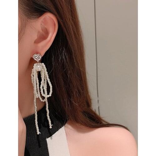 Elegant Simulated Pearls Long Tassel Dangle Earrings for Women Exquisite Luxury Crystal Heart Earrings Party Fashion Jewelry