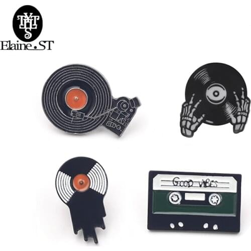 GOOD VIBES Tape CD Skull Hand Vinyl Records Gramophone player Enamel brooch Music Lovers Badge Couple Accessories