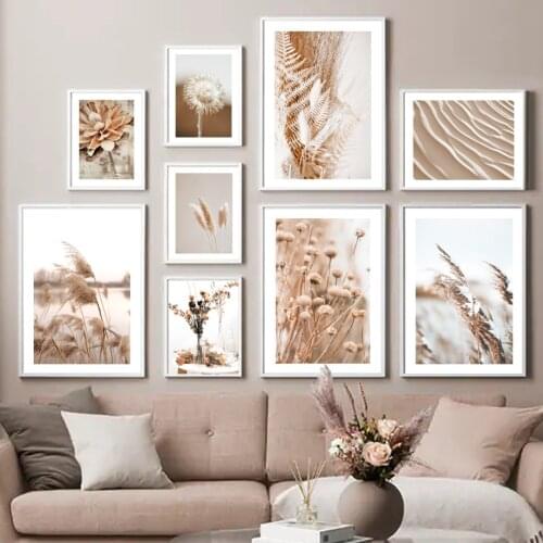 Wall Art Print Canvas Painting Beige Reed Dandelion Dried Flowers Grass Desert Nordic Poster Wall Pictures For Living Room Decor