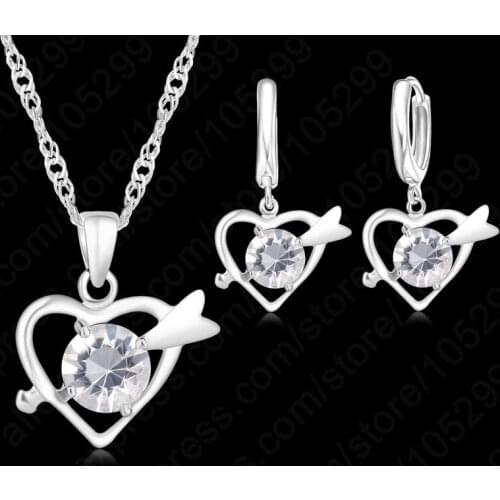 Women Heart Silver Jewelry Sets For Wedding Engagement Accessory Austrian Crystal Earrings Pendant Necklace Set