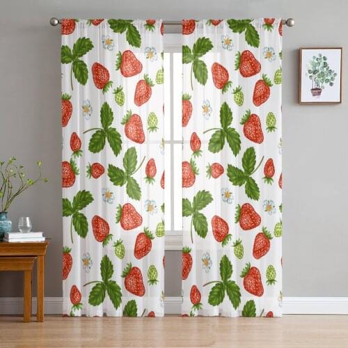 Summer Fruit Strawberry Leaf Repeat Tulle Window Curtain for Living Room Modern Sheer Curtain for Bedroom Kitchen Drapes Custom