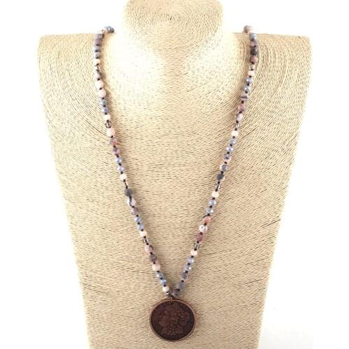 Fashion Bohemian Tribal Jewelry 6mm Natural Stones and Crystal Long Knotted Metal Disco Pendant Necklaces Women Necklace