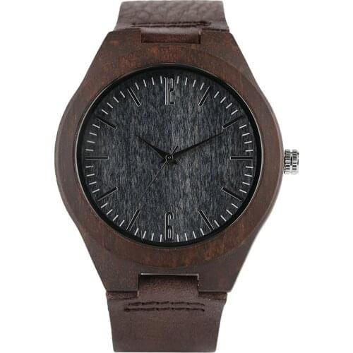 Creative Nature Wood Clock Handmade Mens Quartz Analog Wrist Watch Brown Leather Bracelet Strap Bamboo Case Timepiece Reloj