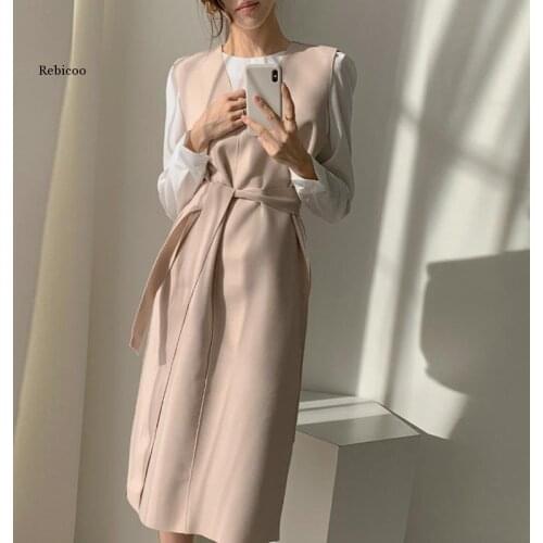 New 2021 Winter Spring Women Dresses Sashes Solid Split Straight Knitting Warm Sweater Elegant Office Ladies