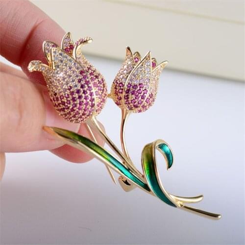 OKILY Luxurious Tulip Flower CZ Brooch Pin Elegant Cubic Zircon Rose Flower Brooches for Wedding Costume Accessories Jewelry