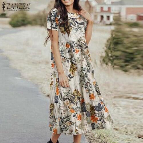ZANZEA Summer Vintage Floral Printed Midi Dress Women O Neck Short Sleeve Casual Sundress Bohemian Holiday Beach Vestidos Kaftan