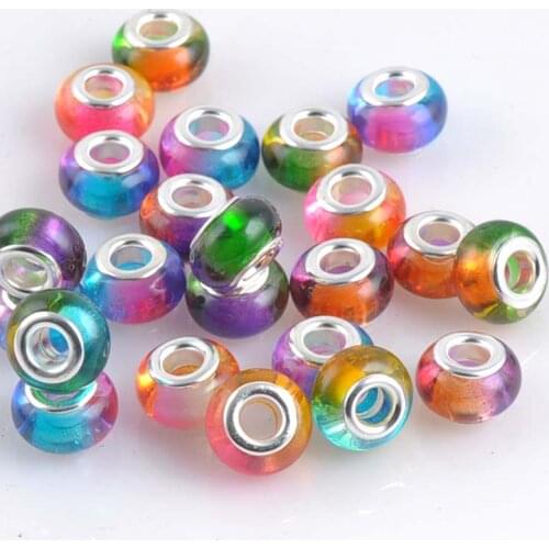 14mm Silver Big Hole Resin Flat Round Charms Beads Iridescence Fit European Braclet DIY 30PCS YKL0516