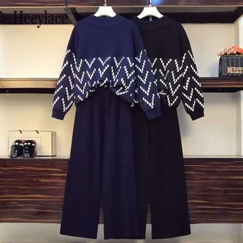 Plus size women casual knitted two piece suit autumn winter loose printed sports sweater top and wide leg pants two piece sets