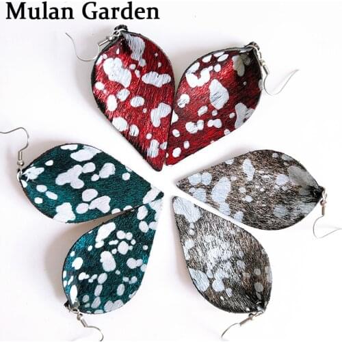 M&G Trendy 6 Colors Snake Genuine Leather Earrings Plant Big Leaf Pendant Plush Speckle Pattern Earrings Fashion Christmas Gift