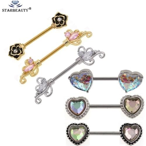Starbeauty 6 Types Nipple barbells Rose Flower Heart Shape 14G Nipple Barbell Piercing Jewelry women Fashion Sexy Jewerly
