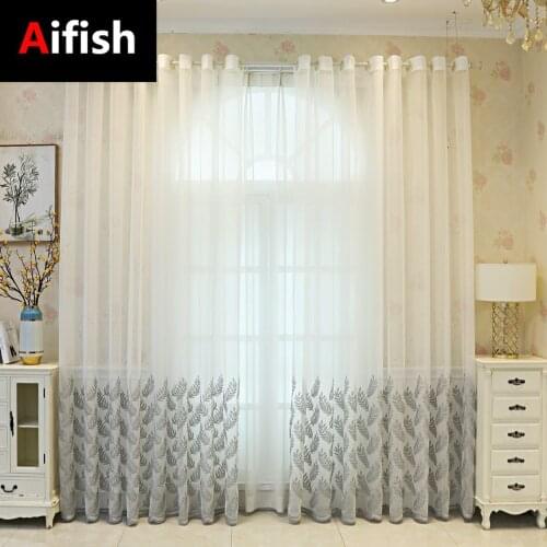 Pastoral Style Gray Leaf Embroidered Tulle Curtains For Living Room Wild Translucent Screens Bedroom Draps #50