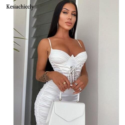 Kesiachiccly Women Satin Dress Summer Backless Zipper Boned Padded Drawstring Ruched Sexy Bodycon Dresses Club Party Vestidos