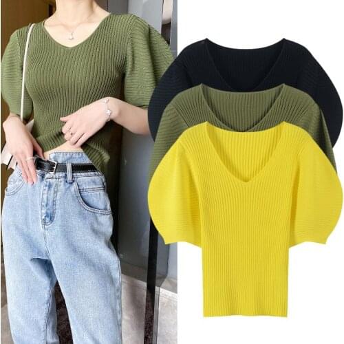 2020 summer women designer puff sleeve slim knitted sweaters v-neck pullover female fashion top JC458