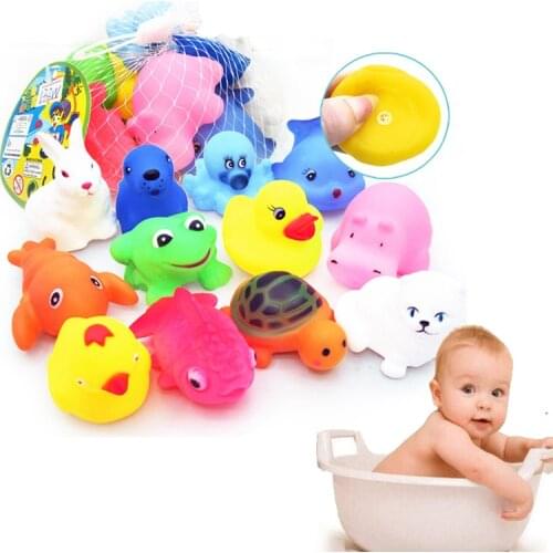 New 12Pcs Baby Kids Bathing Toys Cute Cartoon Animal Soft Rubber Float Swimming Water Toys Squeeze Sound Squeaky Bathroom Toys