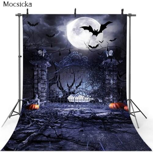 Dark full moon night Backdrop for Photography Cemetery fence Happy Halloween Photo Background Bat Pumpkin Birthday Party Decor