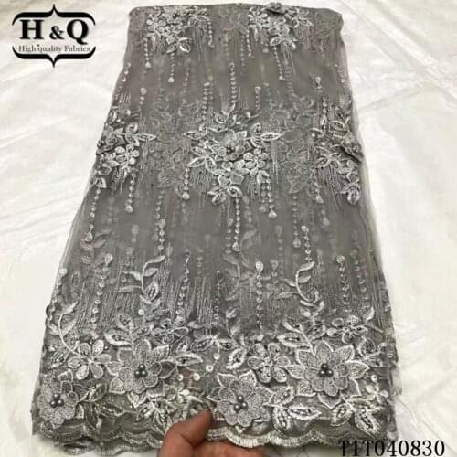 H&Q grey french lace fabric with stones and beads high quality embroidery 3d applique african mesh tulle fabrics 5 yards a piece
