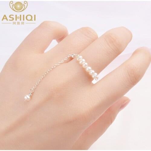 ASHIQI Natural Pearl 100% Real 925 Sterling Silver Tassel Adjustable Ring Women Handmade Freshwater Pearl Jewelry