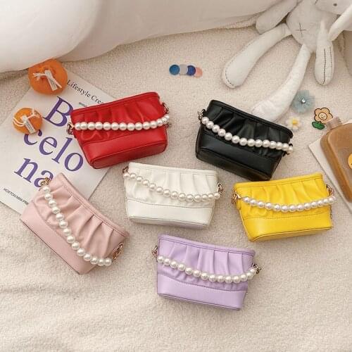 2021 Candy Color Bag Mini PU Leather Imitation Pearl Crossbody Bags for Baby Girls Small Coin Pouch Purses Shoulder Sac Femme